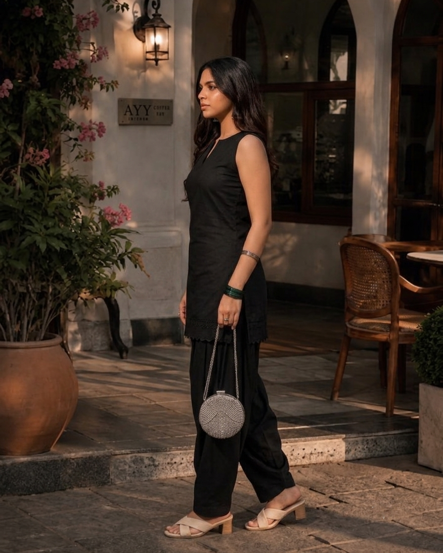 Black Farshi Salwar Set for Women – Pure Cotton Sleeveless Kurta with Lace Detailing