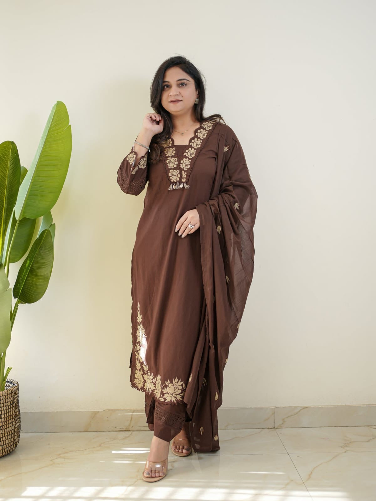 Chocolate Brown Embroidered Cotton Suit Set with Dupatta