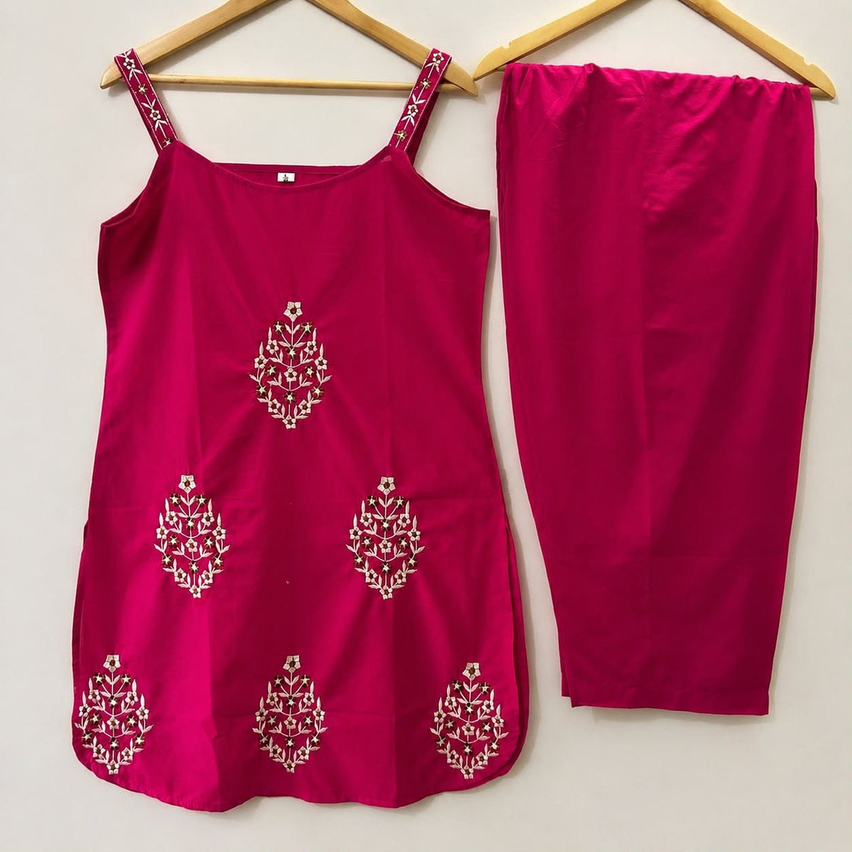Hot Pink Embroidered Cotton Farshi Salwar Suit Set with Mul Cotton Dupatta