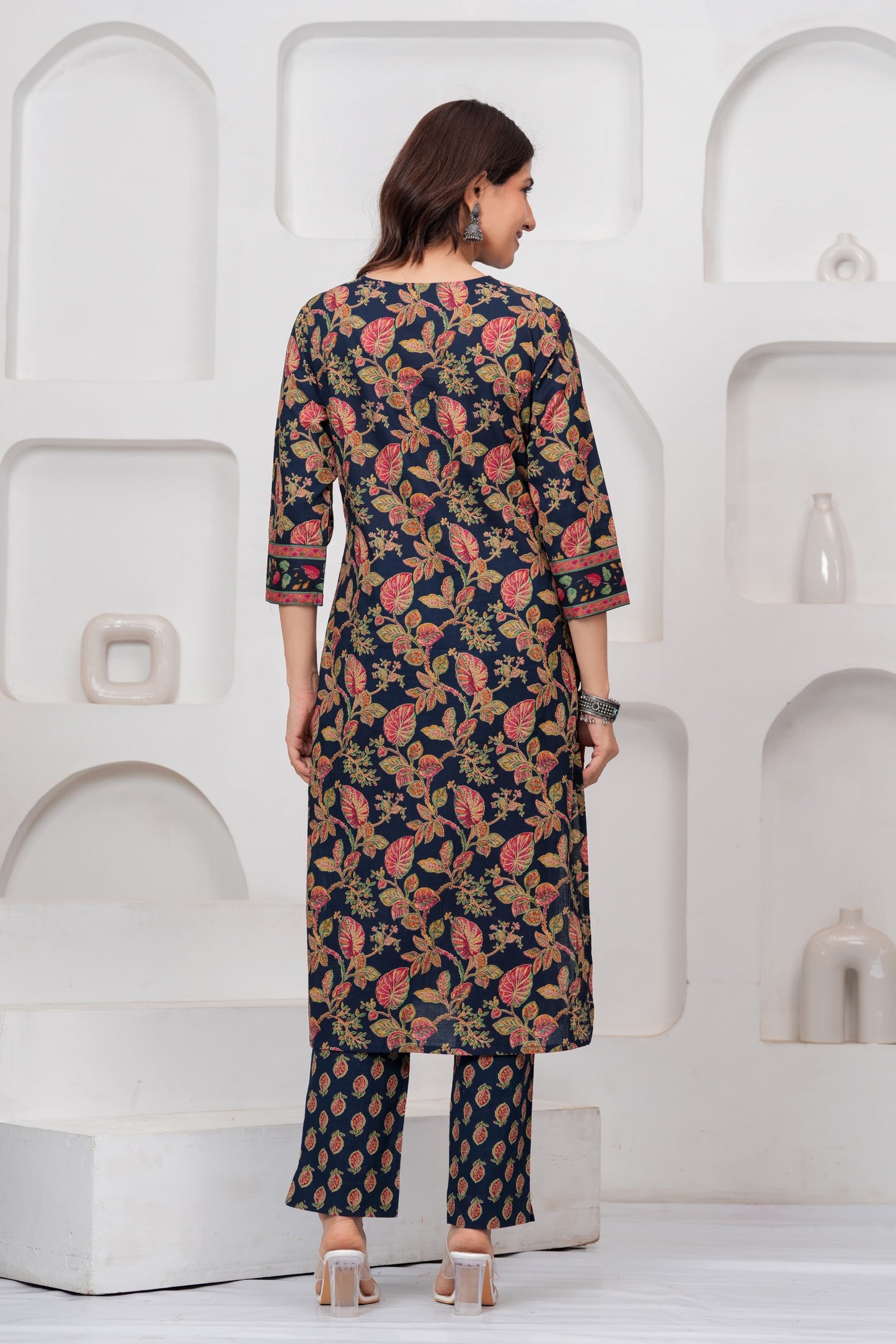 Navy Blue Jaipuri Printed Cotton Kurta Pant Set with Dupatta