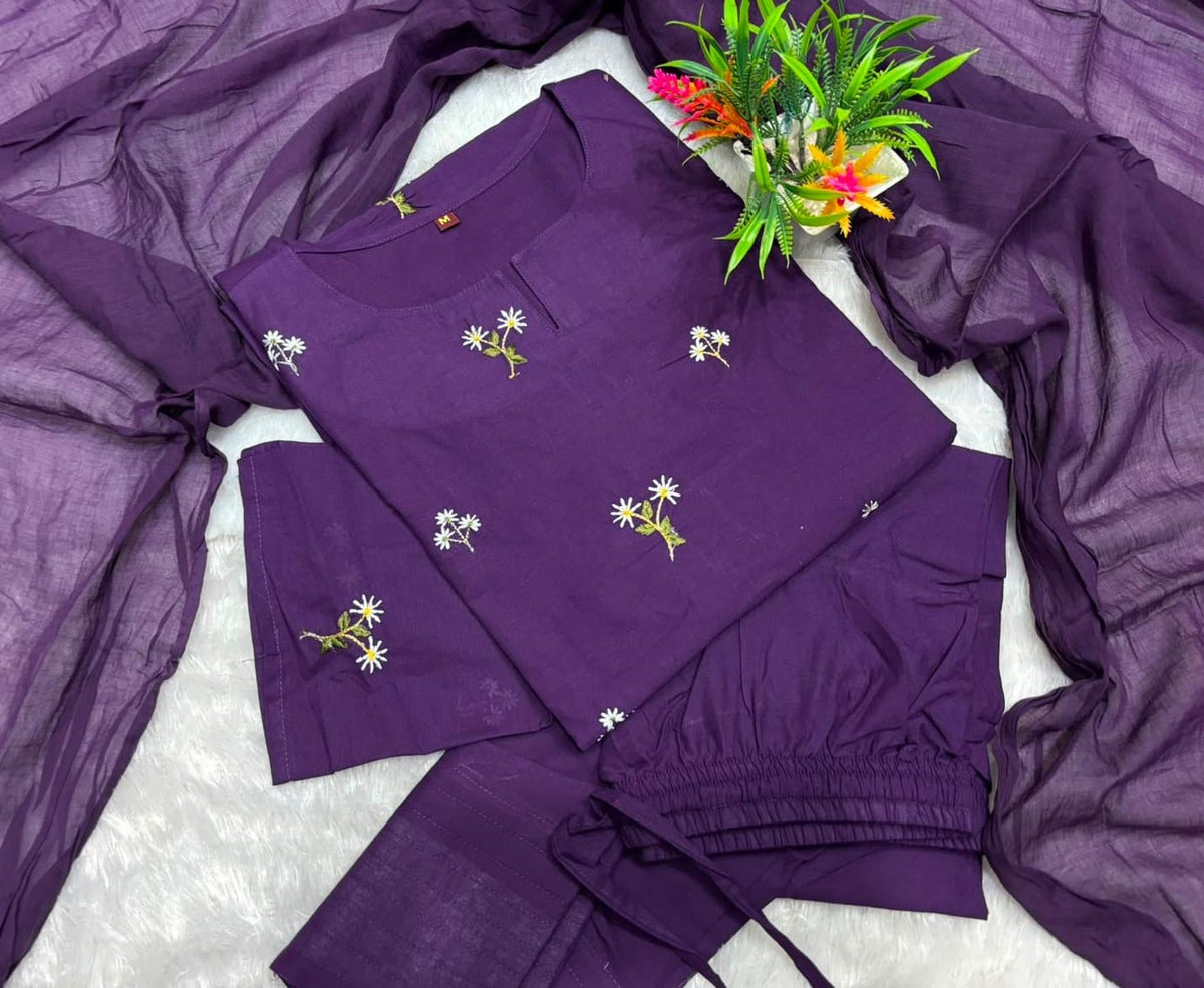 Purple Embroidered Farshi Salwar Suit Set for Women | Pure Cotton Kurta with Mulmul Dupatta | Festive Ethnic Wear