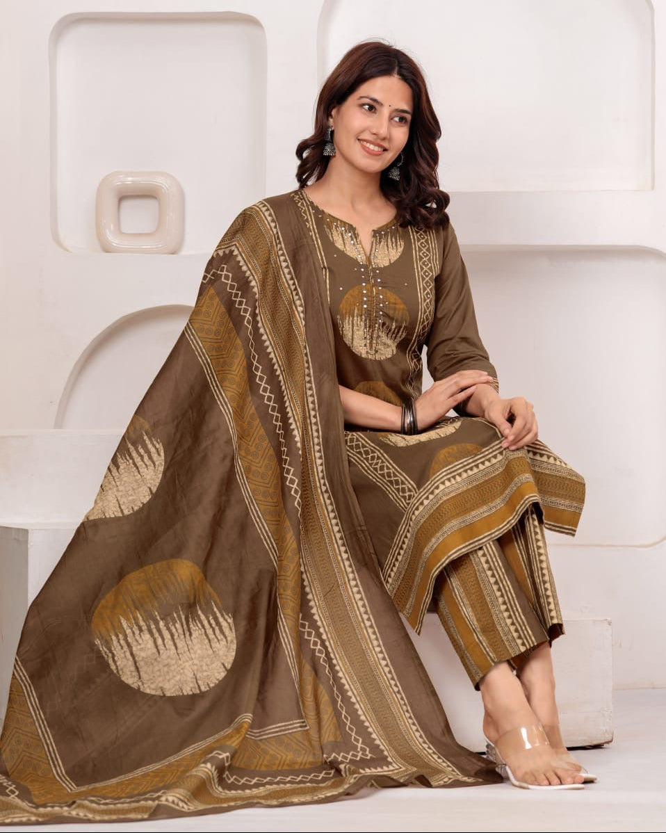 Shikha Brown Pure Cotton Printed Kurta Pant Dupatta Set for Women | Handwork Cotton Ethnic Suit Set