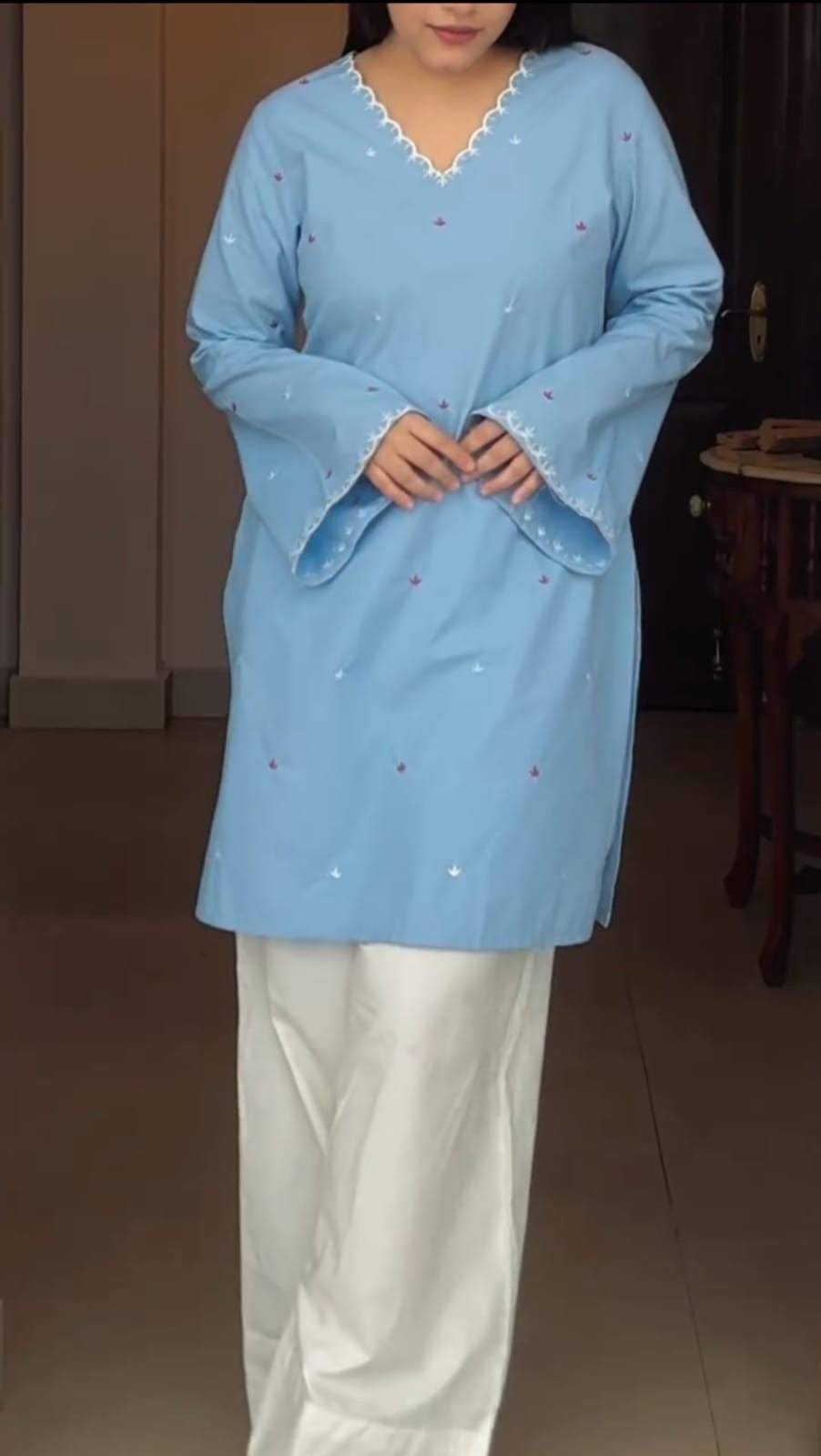 Sky Blue Hand Adda Work Kurta with White Farshi Pant Set