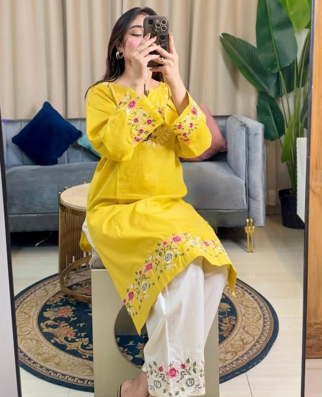 Yellow Pure Cotton Embroidered Kurti Pant Set for Women