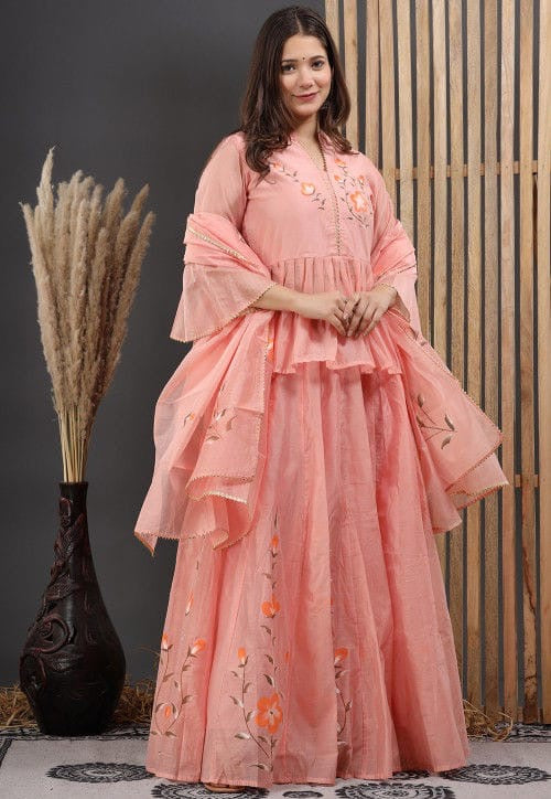 Peach Hand-Painted Chanderi Lehenga Set