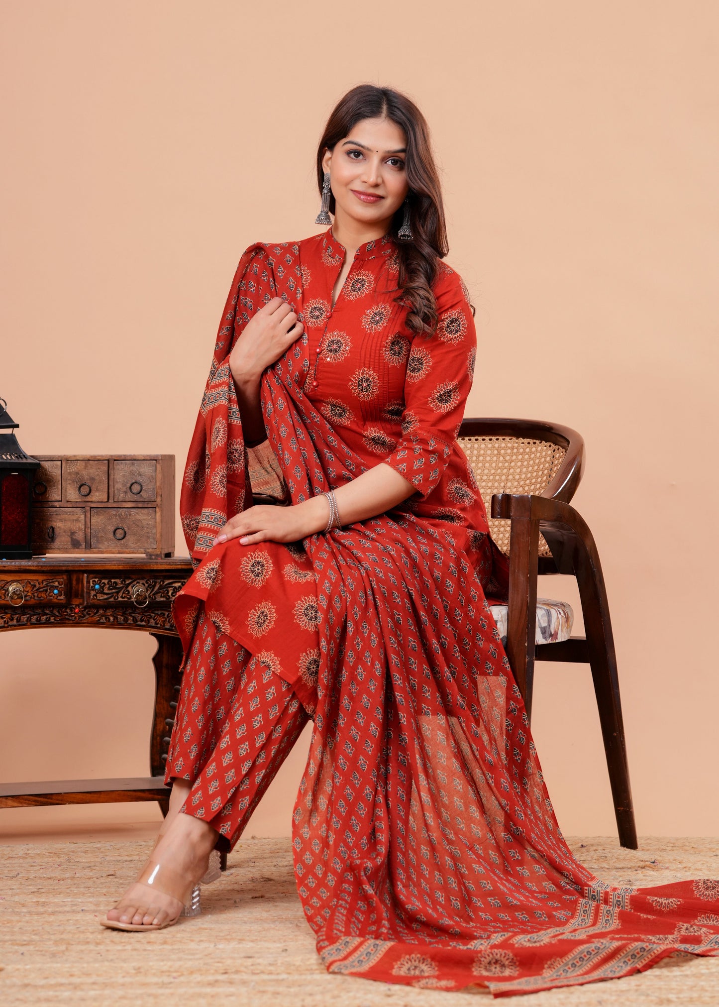  Red Pure Cotton Pintuck Printed Kurta Pant Set with Dupatta for Women