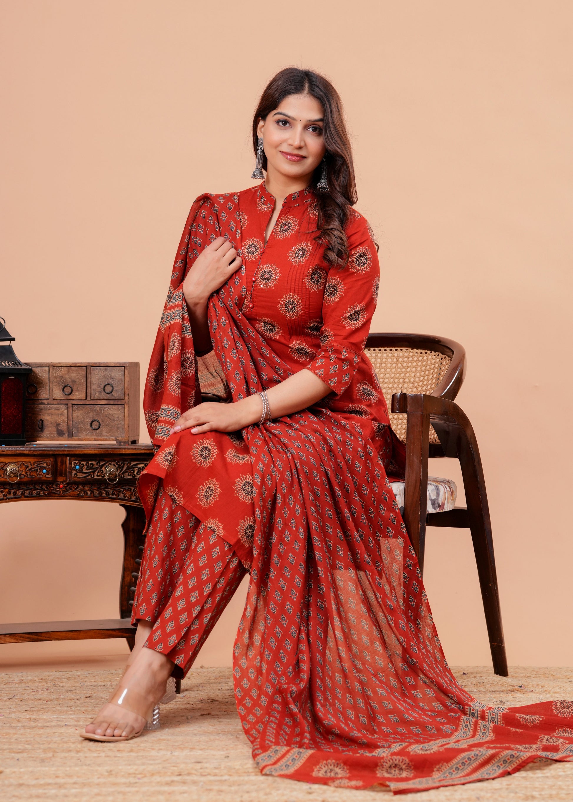  Red Pure Cotton Pintuck Printed Kurta Pant Set with Dupatta for Women