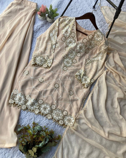 Beige embroidered saree with a blouse piece on a textured surface with plants.