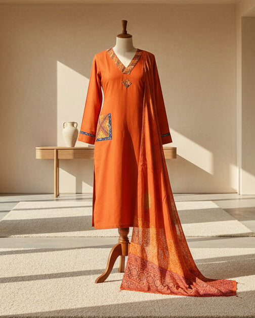 Person wearing an orange traditional outfit with intricate patterns indoors.