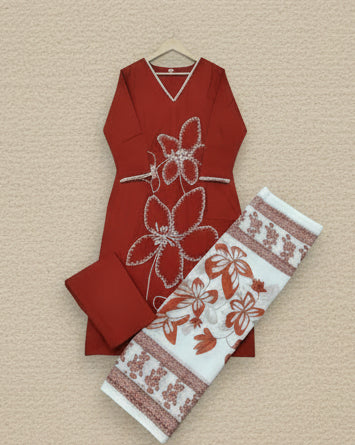 Red Cotton Embroidered Straight Kurta Pant Set with Dupatta