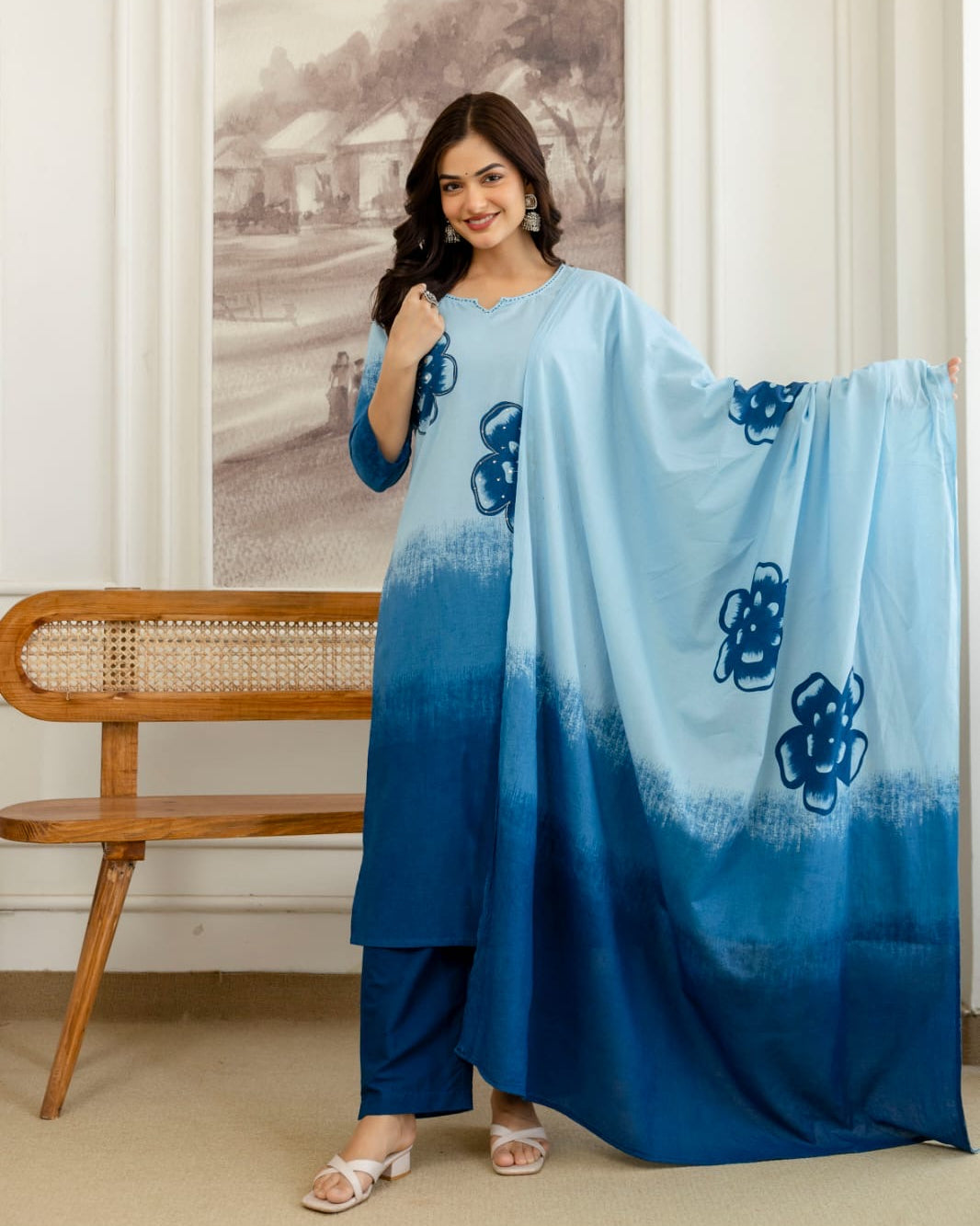 Falak Blue Tie-Dye Printed Cotton Kurta Set with Handwork, Pant & Mulmul Dupatta – 3 Piece Ethnic Set