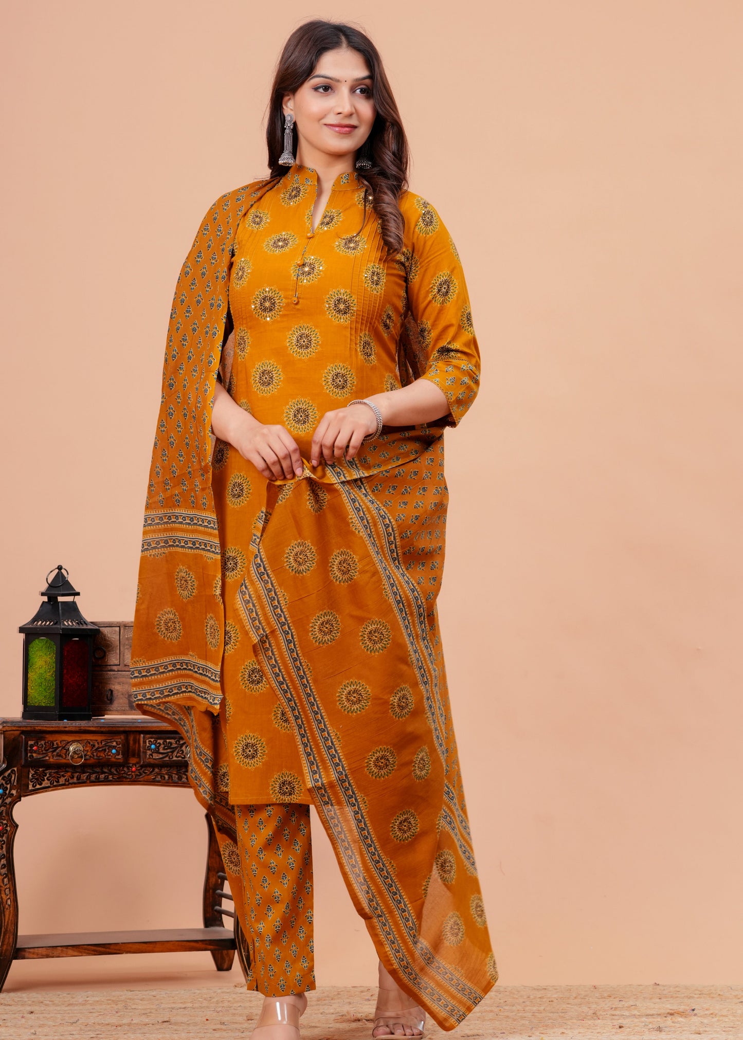  Mustard Pure Cotton Pintuck Printed Kurta Pant Set with Dupatta for Women