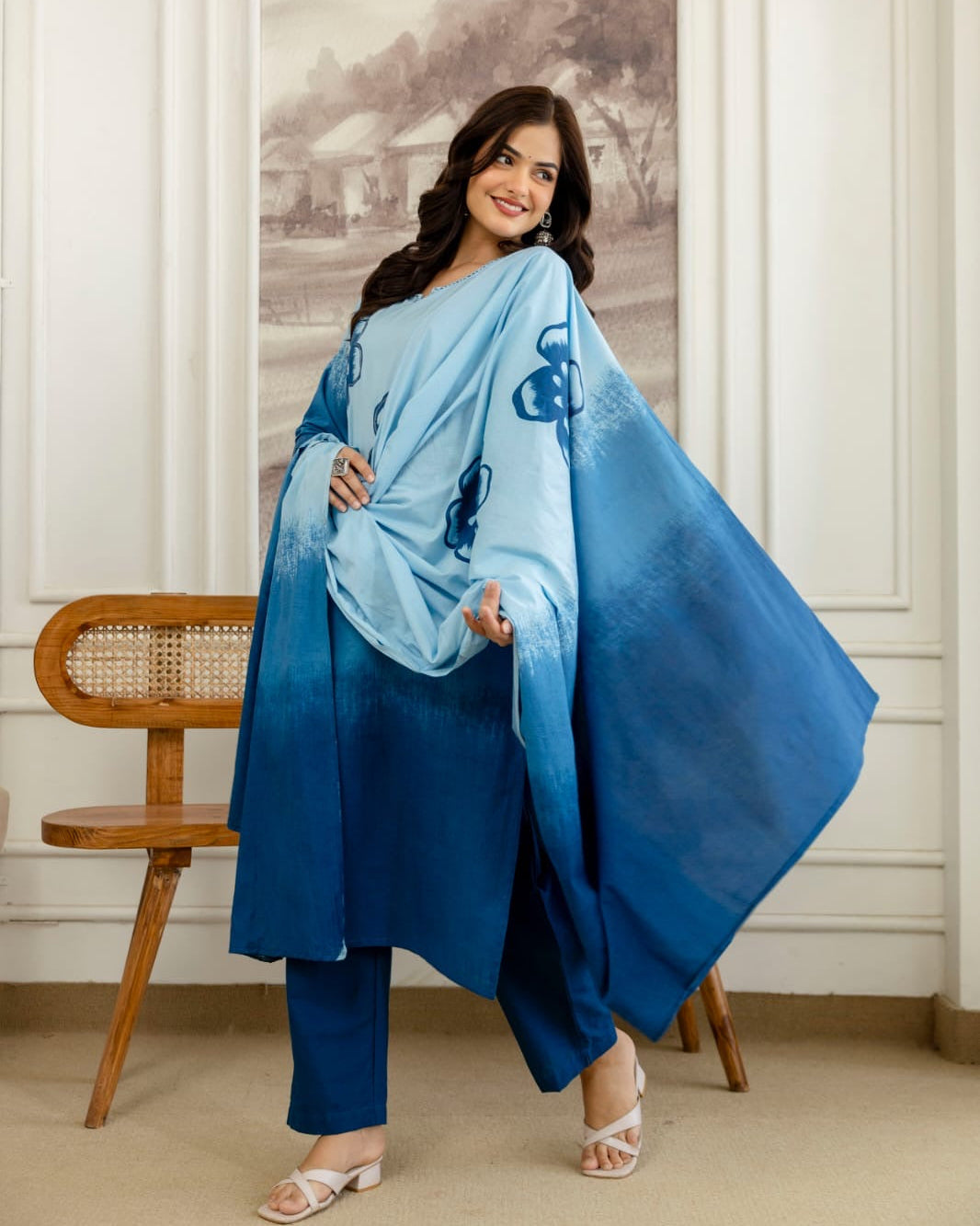 Falak Blue Tie-Dye Printed Cotton Kurta Set with Handwork, Pant & Mulmul Dupatta – 3 Piece Ethnic Set