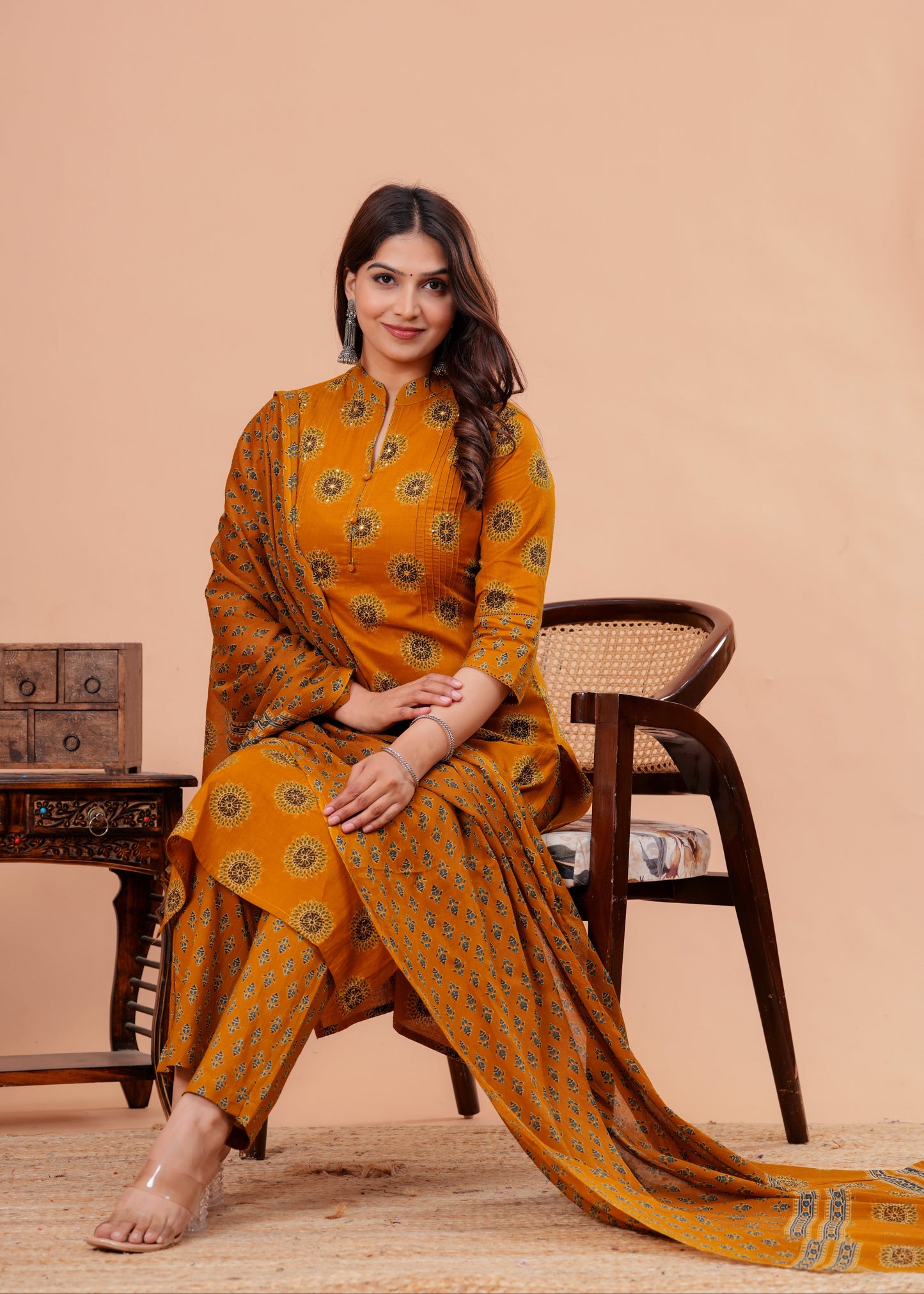  Mustard Pure Cotton Pintuck Printed Kurta Pant Set with Dupatta for Women