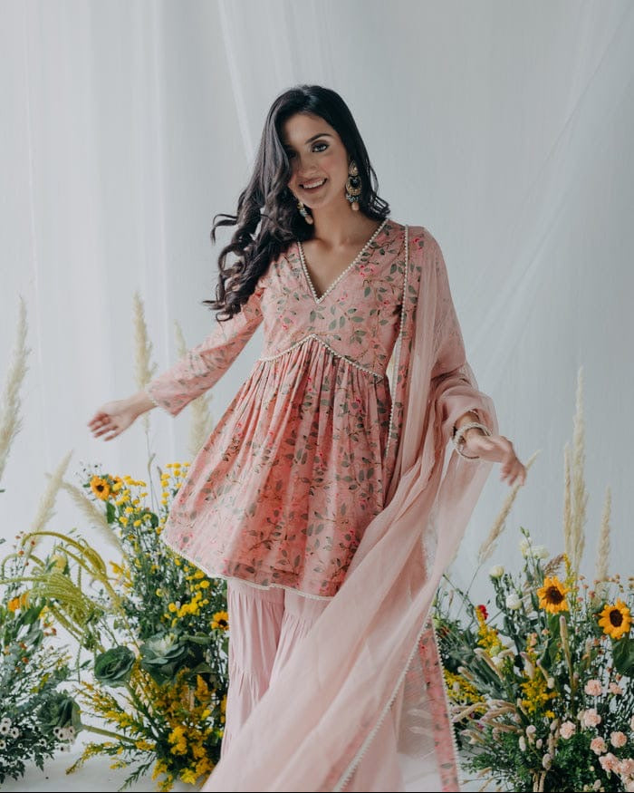 Fiza Floret Sharara Set With Kota Doria Dupatta