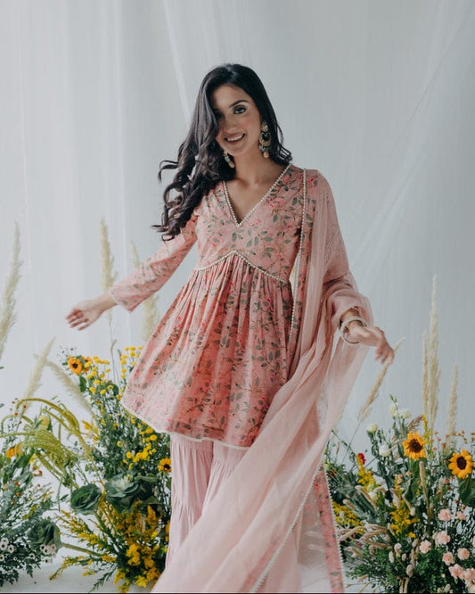 Fiza Floret Sharara Set With Kota Doria Dupatta