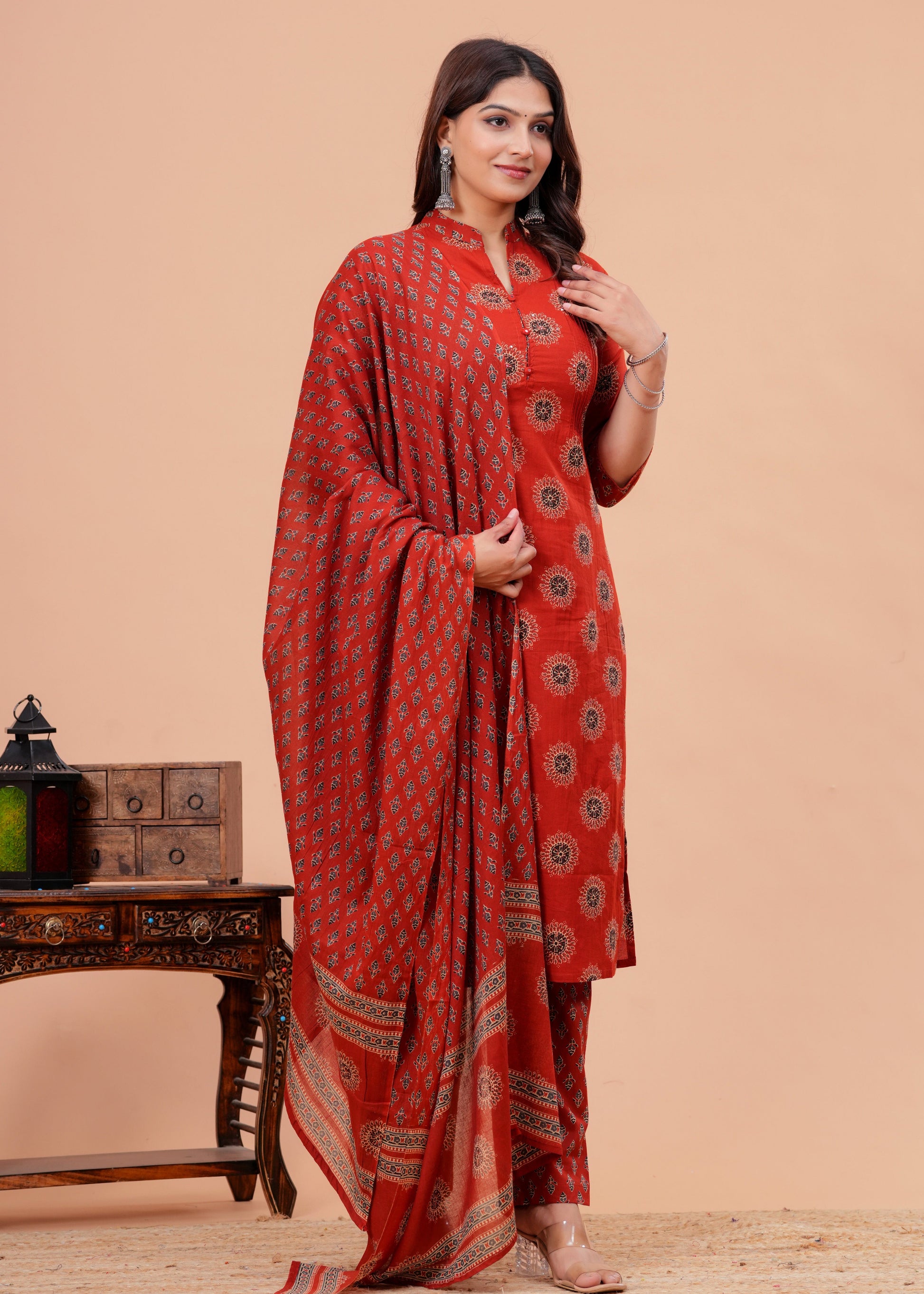  Red Pure Cotton Pintuck Printed Kurta Pant Set with Dupatta for Women