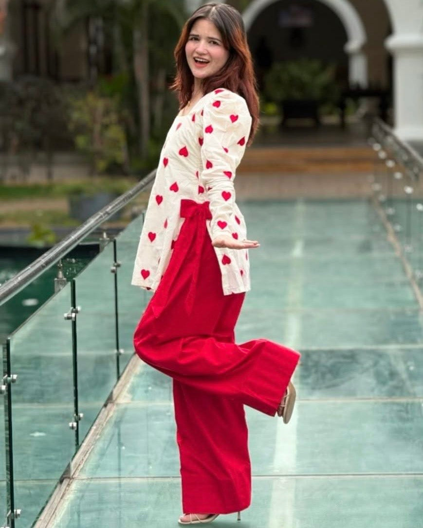 Red & White Heart Print Farshi Co-Ord Set with Puff Sleeves, Bow Detail & Pure Cotton Farshi Salwar