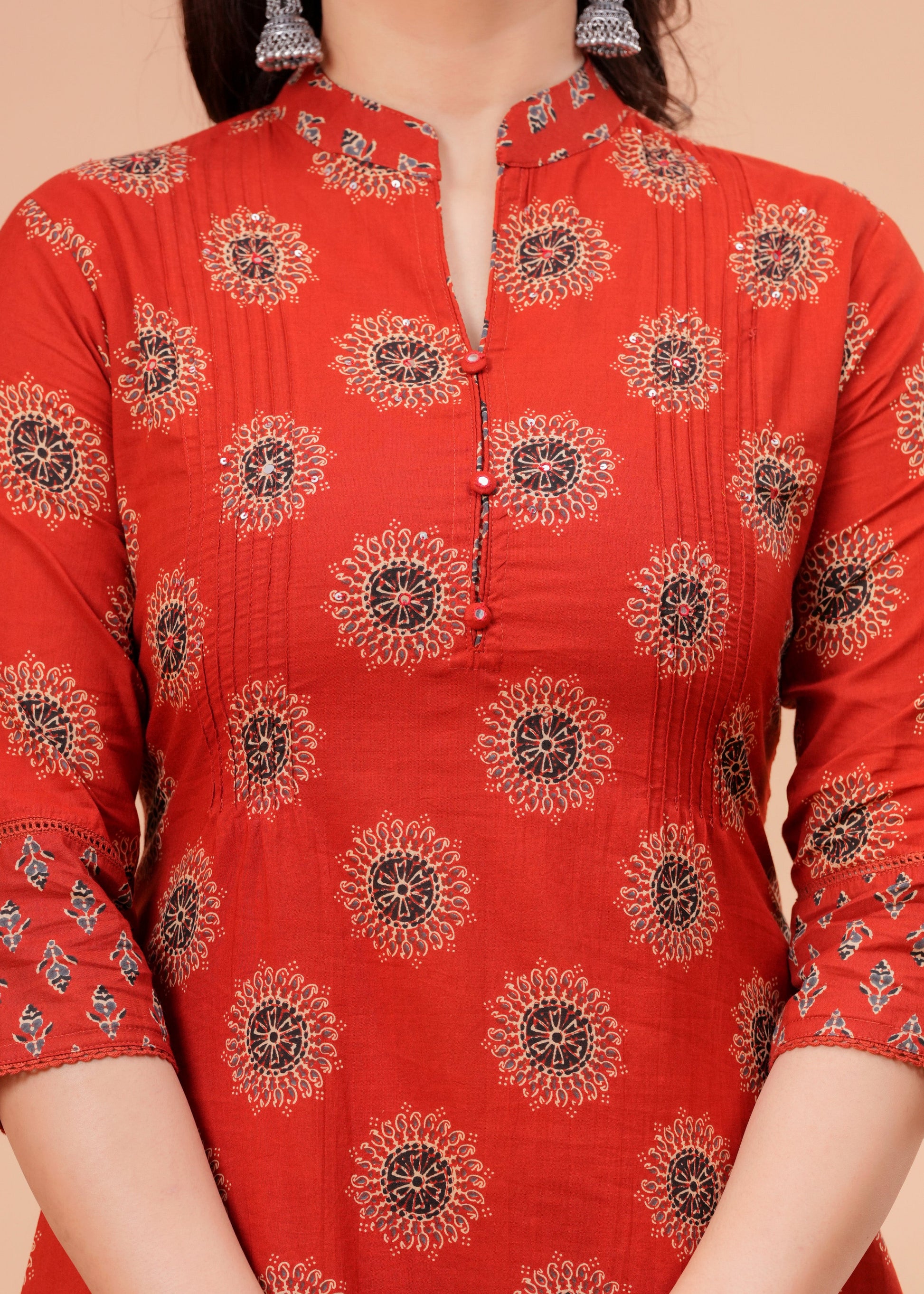  Red Pure Cotton Pintuck Printed Kurta Pant Set with Dupatta for Women