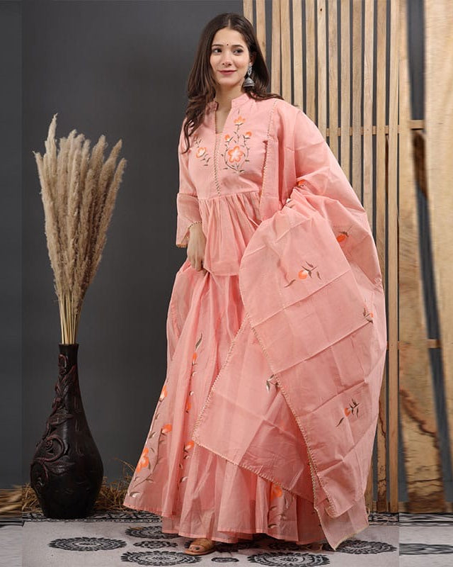 Peach Hand-Painted Chanderi Lehenga Set