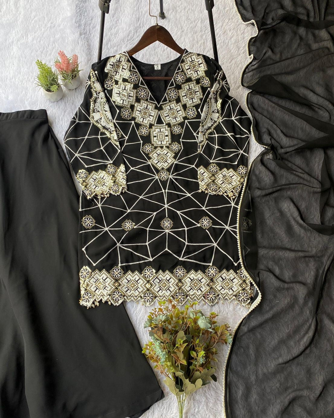 Black Georgette Sequence Embroidery Top Plazzo Set with Dupatta for Women
