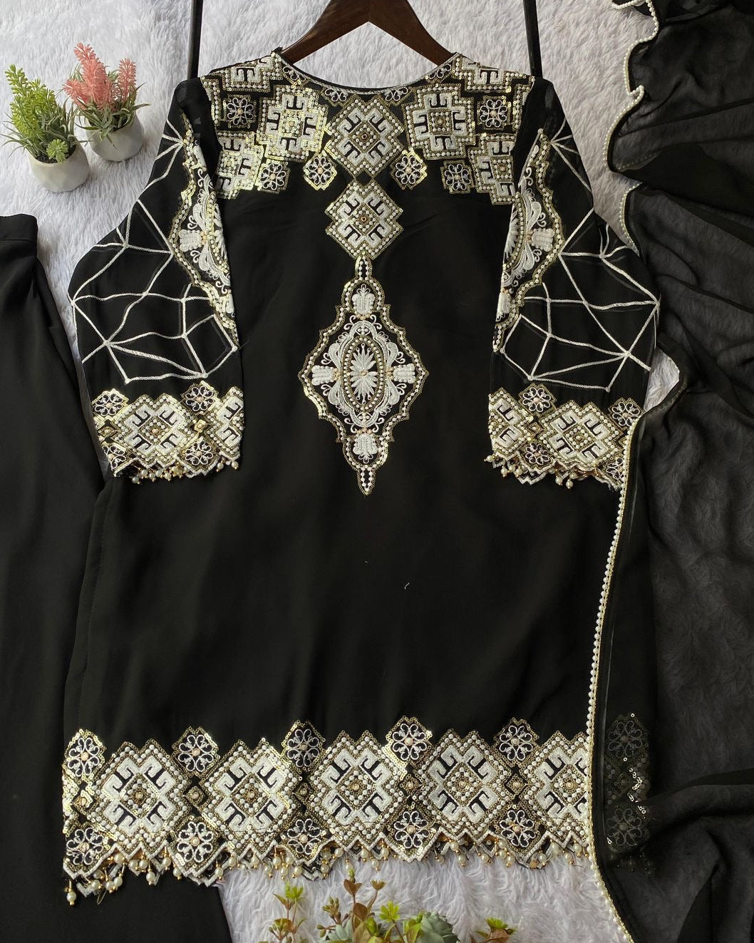 Black Georgette Sequence Embroidery Top Plazzo Set with Dupatta for Women