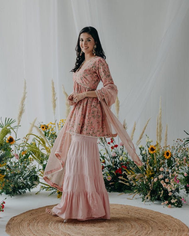 Fiza Floret Sharara Set With Kota Doria Dupatta