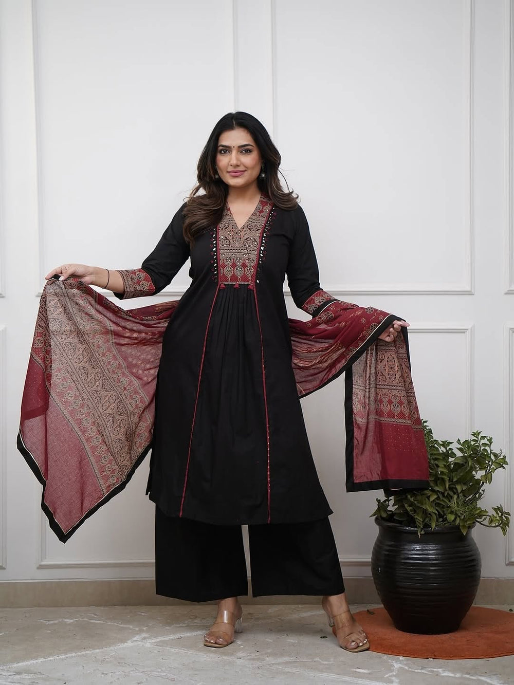 Black A-Line Cotton Kurti Plazo Set with Hand Mirror Work & Dupatta