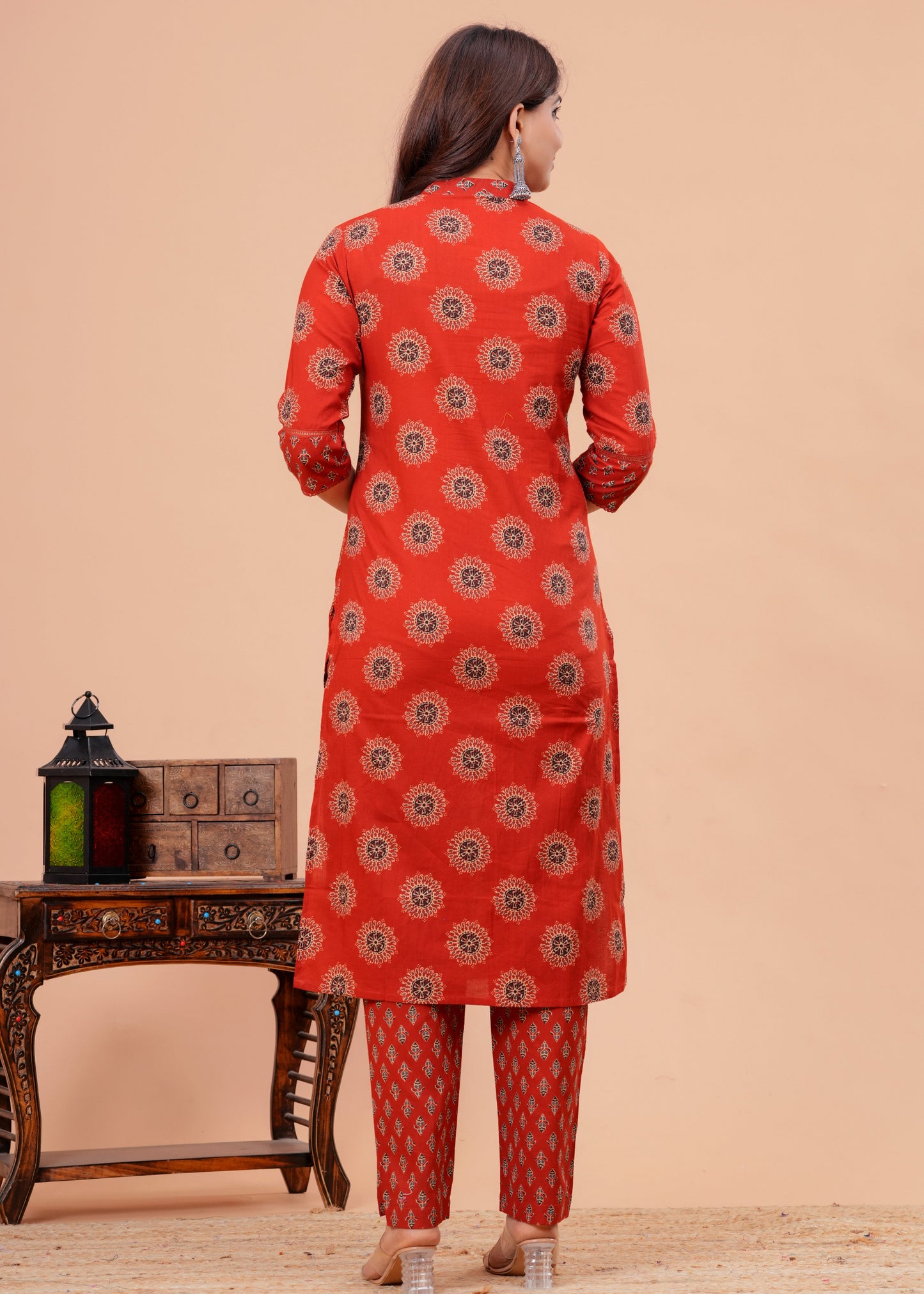  Red Pure Cotton Pintuck Printed Kurta Pant Set with Dupatta for Women