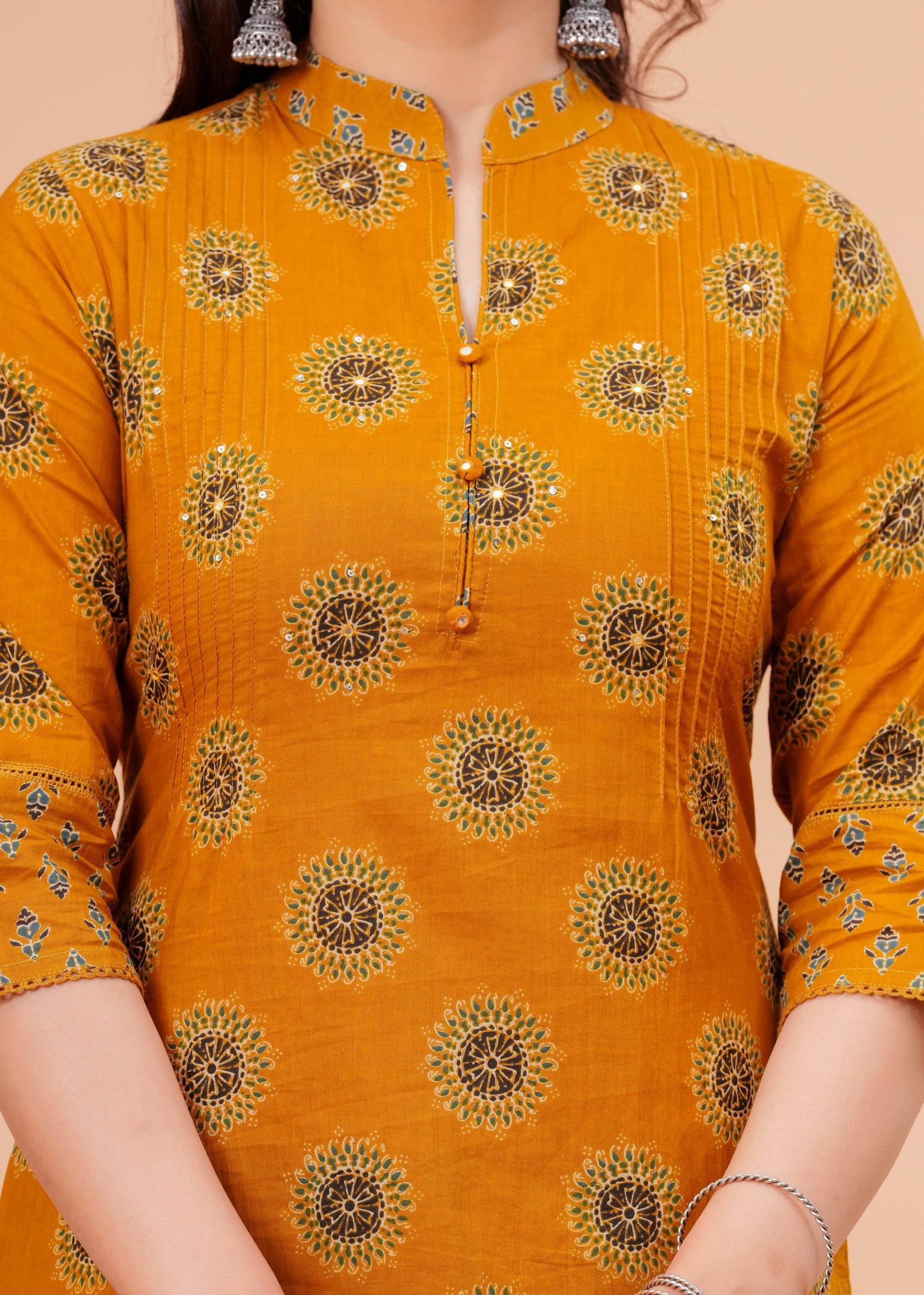  Mustard Pure Cotton Pintuck Printed Kurta Pant Set with Dupatta for Women