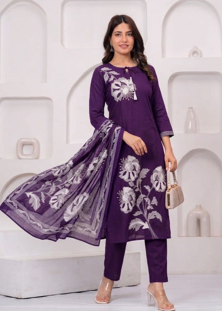 Aaya Purple Embroidered Cotton Kurta Pant Set with Printed Dupatta for Women