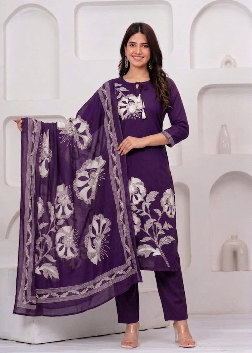 Aaya Purple Embroidered Cotton Kurta Pant Set with Printed Dupatta for Women