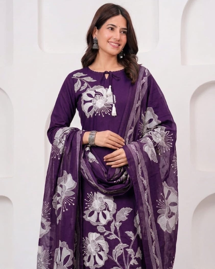 Aaya Purple Embroidered Cotton Kurta Pant Set with Printed Dupatta for Women