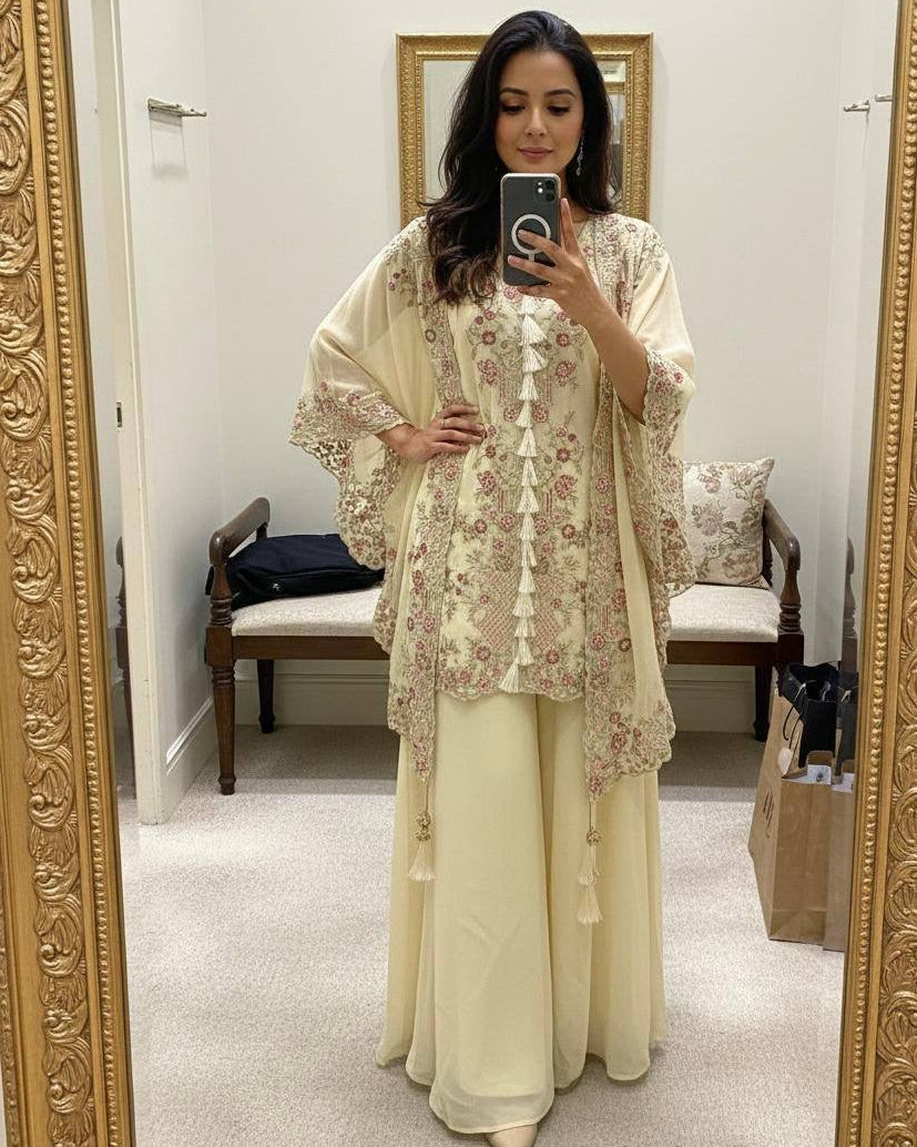 Woman taking a mirror selfie wearing a beige traditional outfit with floral patterns.