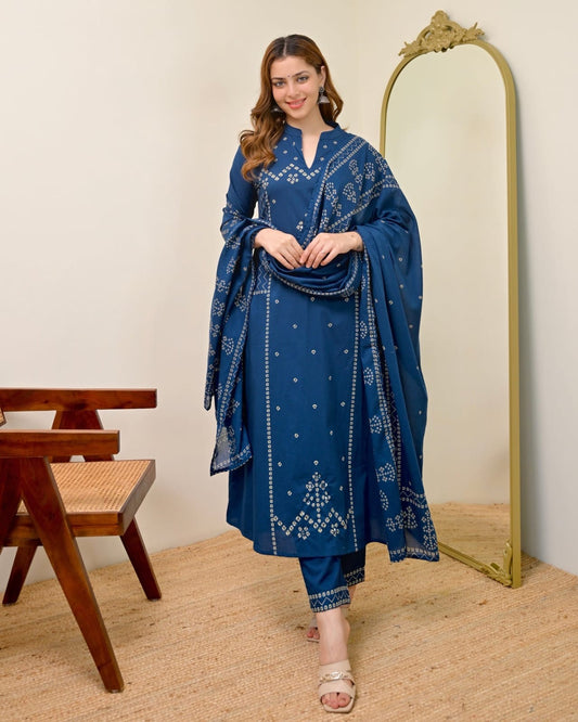 Bandhej Mirror Work Cotton Suit Set with Dupatta 