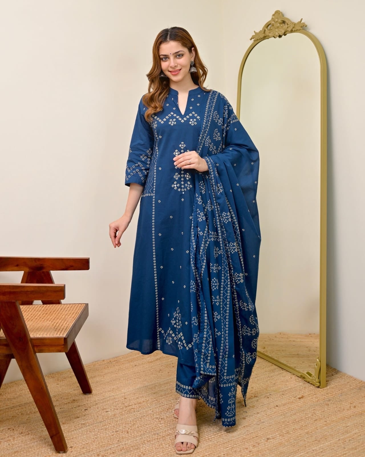 Bandhej Mirror Work Cotton Suit Set with Dupatta 