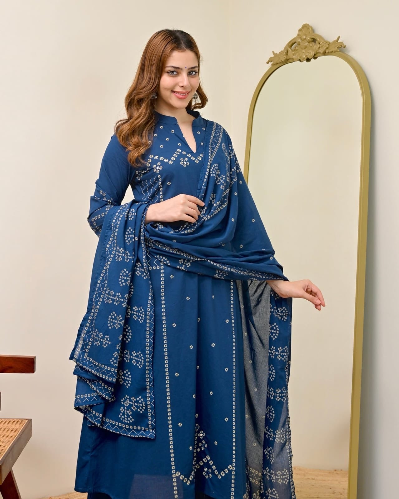 Bandhej Mirror Work Cotton Suit Set with Dupatta 