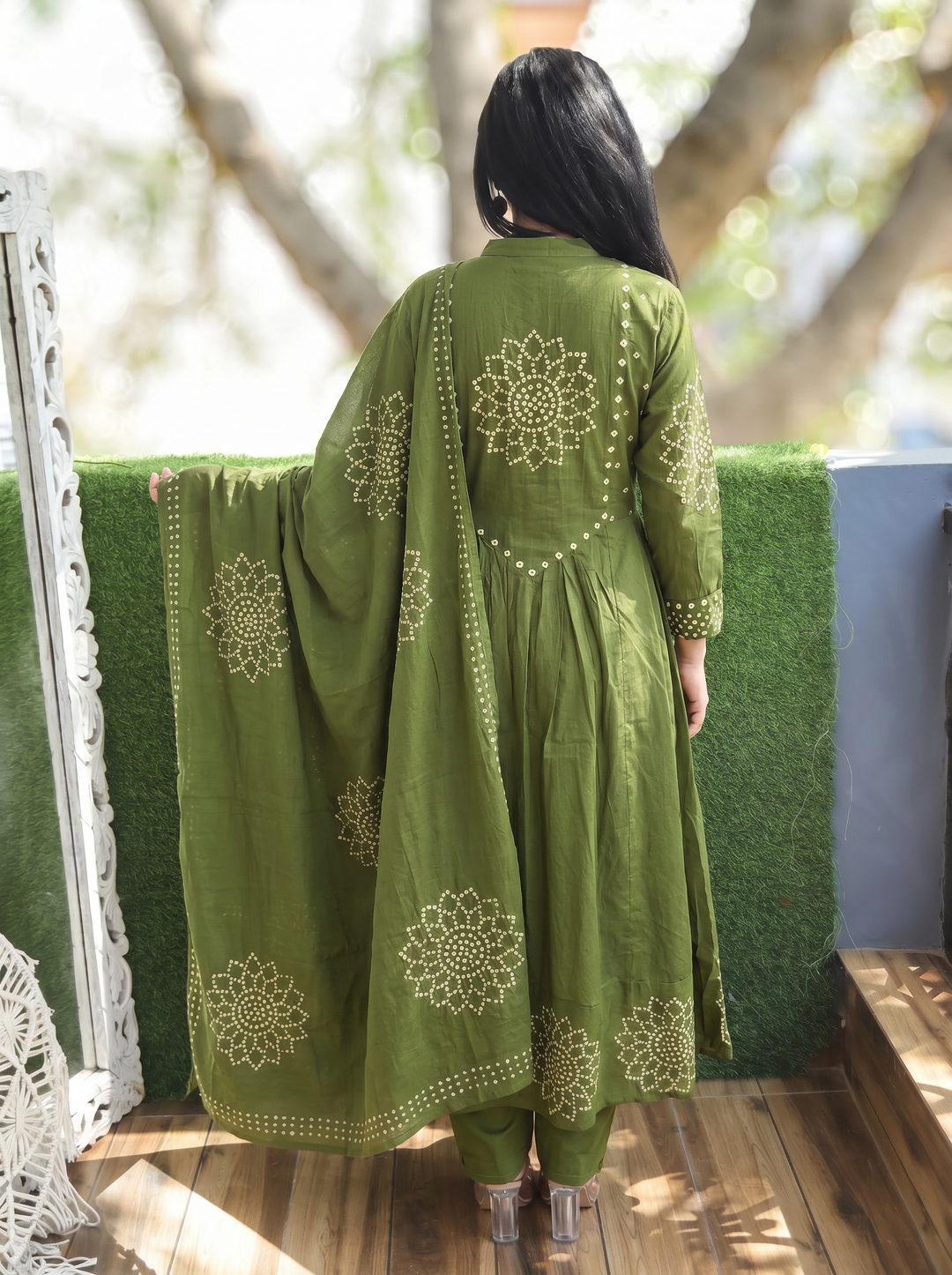 Bandhni Green Cotton Anarkali Suit Set with Mirror Work, Pant & Printed Dupatta – 3 Piece Ethnic Set for Women
