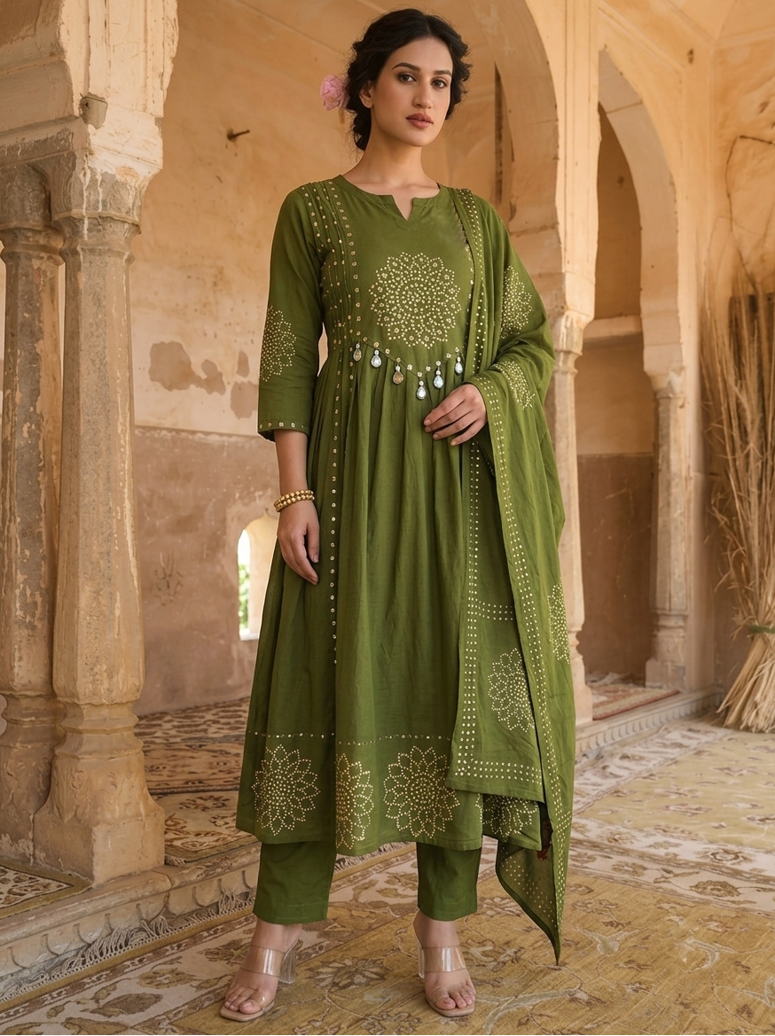 Bandhni Green Cotton Anarkali Suit Set with Mirror Work, Pant & Printed Dupatta – 3 Piece Ethnic Set for Women