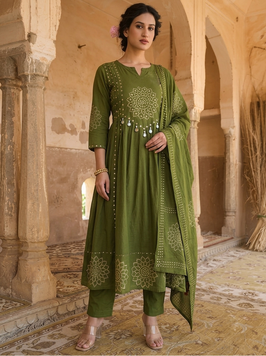 Bandhni Green Cotton Anarkali Suit Set with Mirror Work, Pant & Printed Dupatta – 3 Piece Ethnic Set for Women