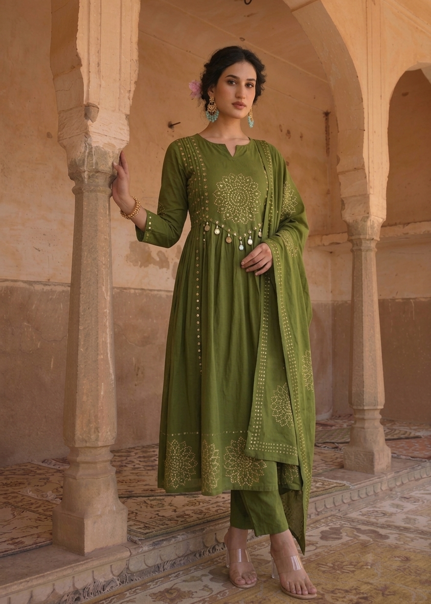 Bandhni Green Cotton Anarkali Suit Set with Mirror Work, Pant & Printed Dupatta – 3 Piece Ethnic Set for Women