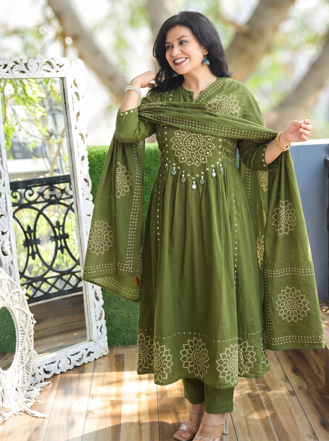 Bandhni Green Cotton Anarkali Suit Set with Mirror Work, Pant & Printed Dupatta – 3 Piece Ethnic Set for Women