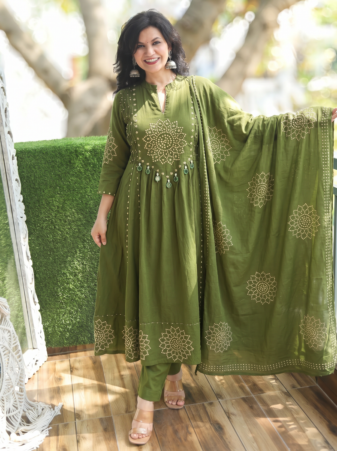 Bandhni Green Cotton Anarkali Suit Set with Mirror Work, Pant & Printed Dupatta – 3 Piece Ethnic Set for Women