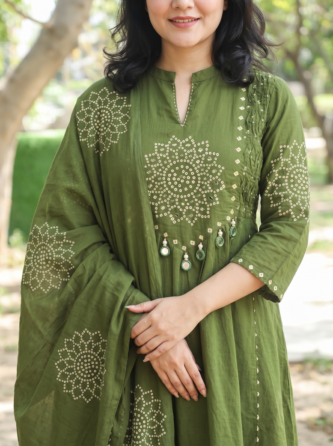 Bandhni Green Cotton Anarkali Suit Set with Mirror Work, Pant & Printed Dupatta – 3 Piece Ethnic Set for Women