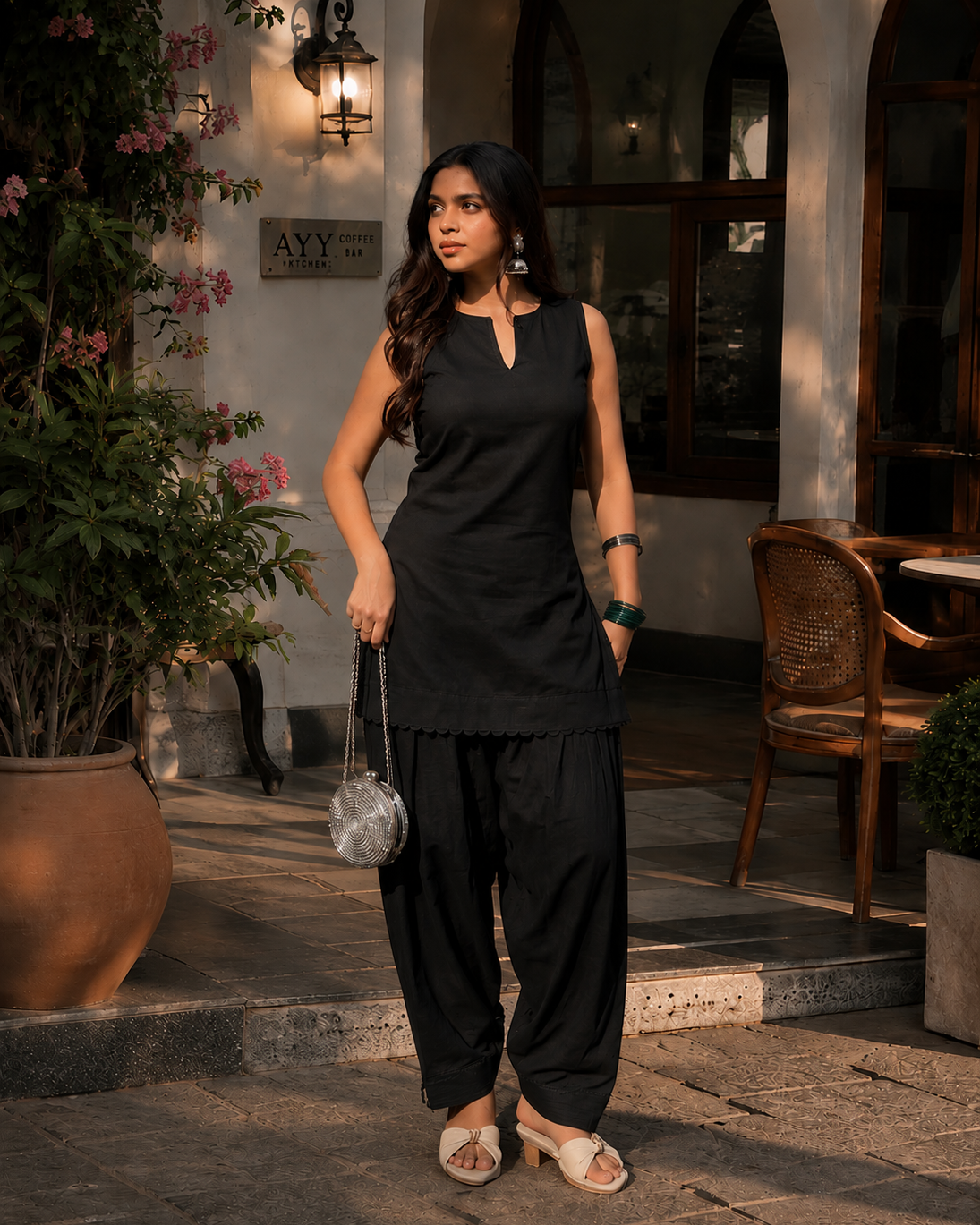 Black Farshi Salwar Set for Women – Pure Cotton Sleeveless Kurta with Lace Detailing