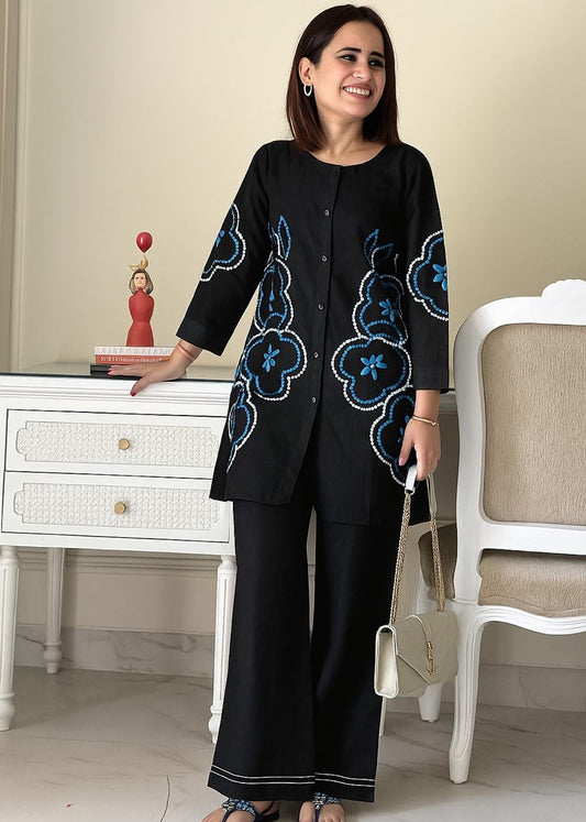 Black Cotton Aari Embroidered Kurti Palazzo Set for Women | Elegant Office & Casual Wear Co-ord Set
