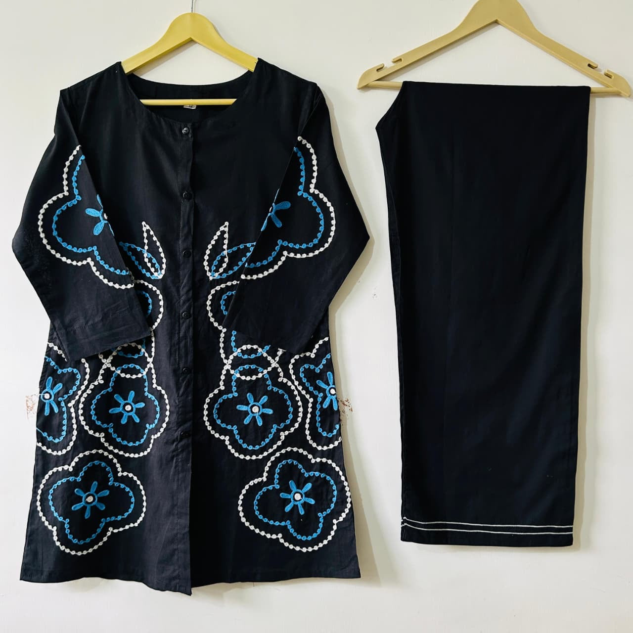 Black Cotton Aari Embroidered Kurti Palazzo Set for Women | Elegant Office & Casual Wear Co-ord Set