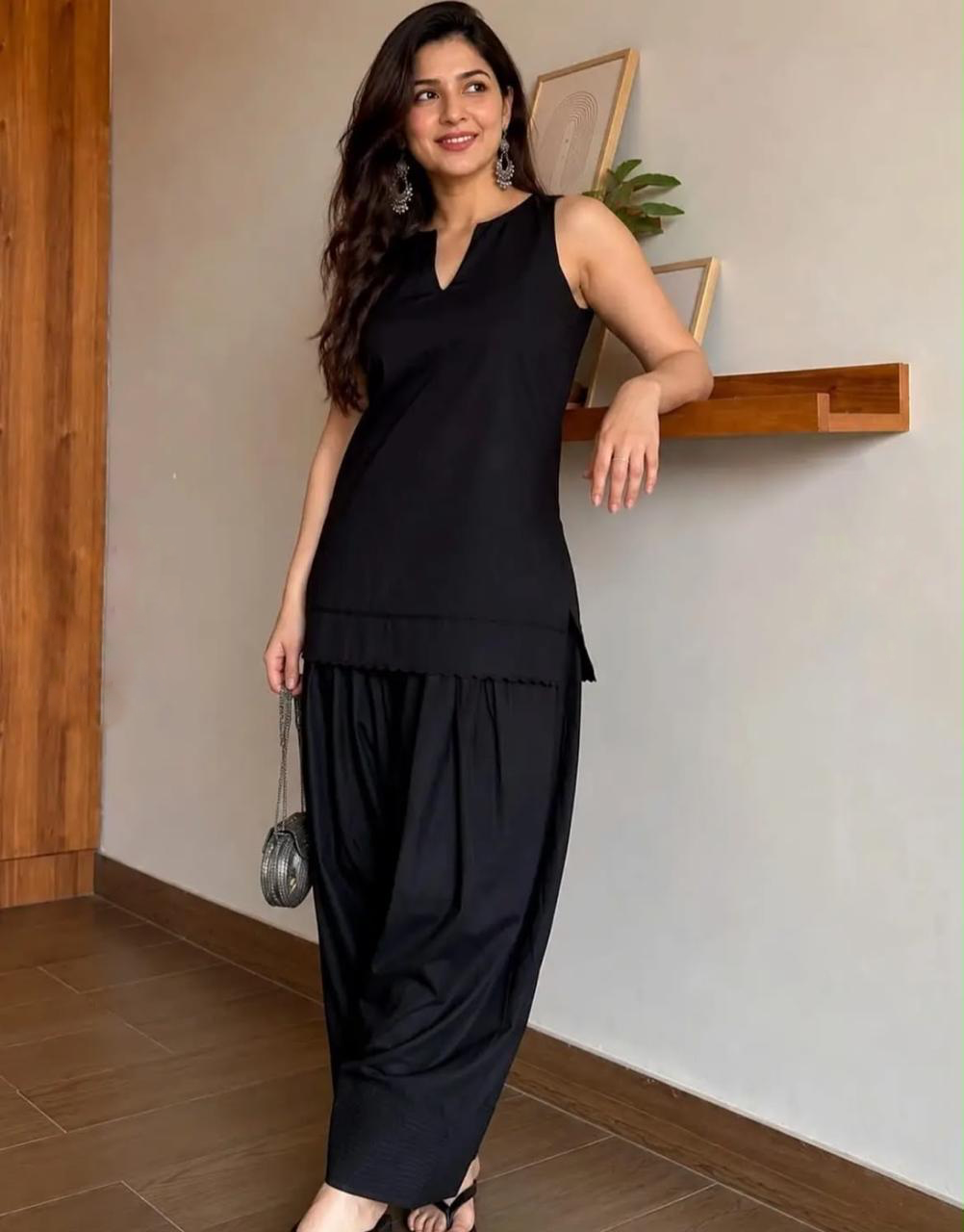 Black Farshi Salwar Set for Women – Pure Cotton Sleeveless Kurta with Lace Detailing
