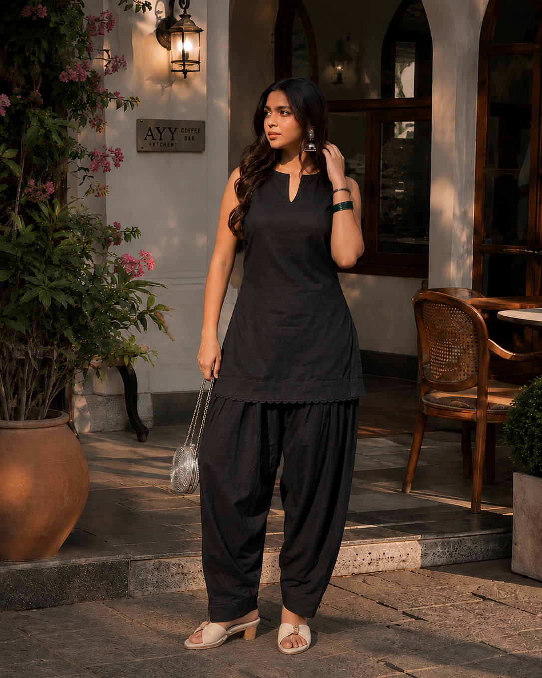 Black Farshi Salwar Set for Women – Pure Cotton Sleeveless Kurta with Lace Detailing