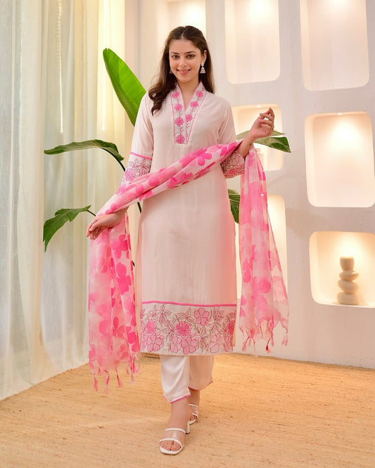 Blush Pink Cotton Flex Kurta Pant Set with Kota Doriya Dupatta & Floral Embroidery